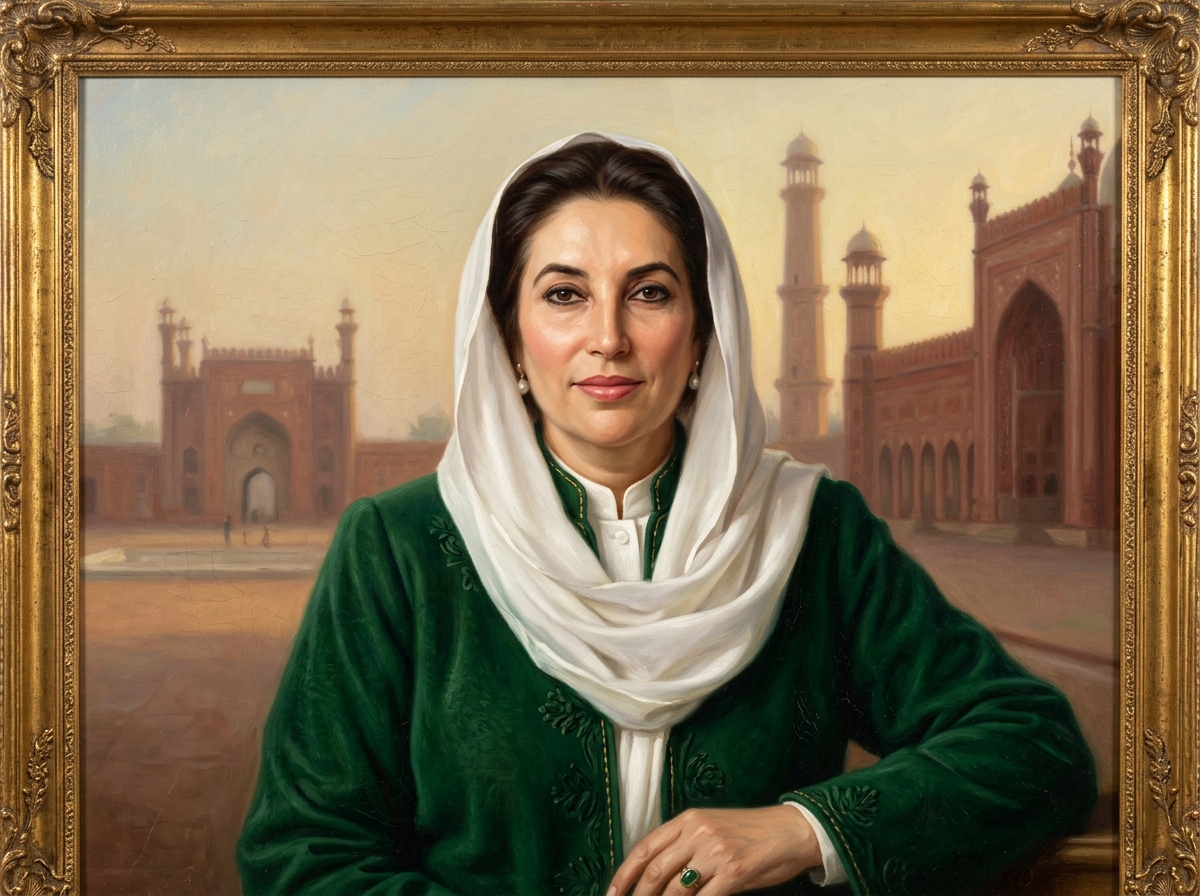 Retrato a óleo de Benazir Bhutto com véu branco em Lahore