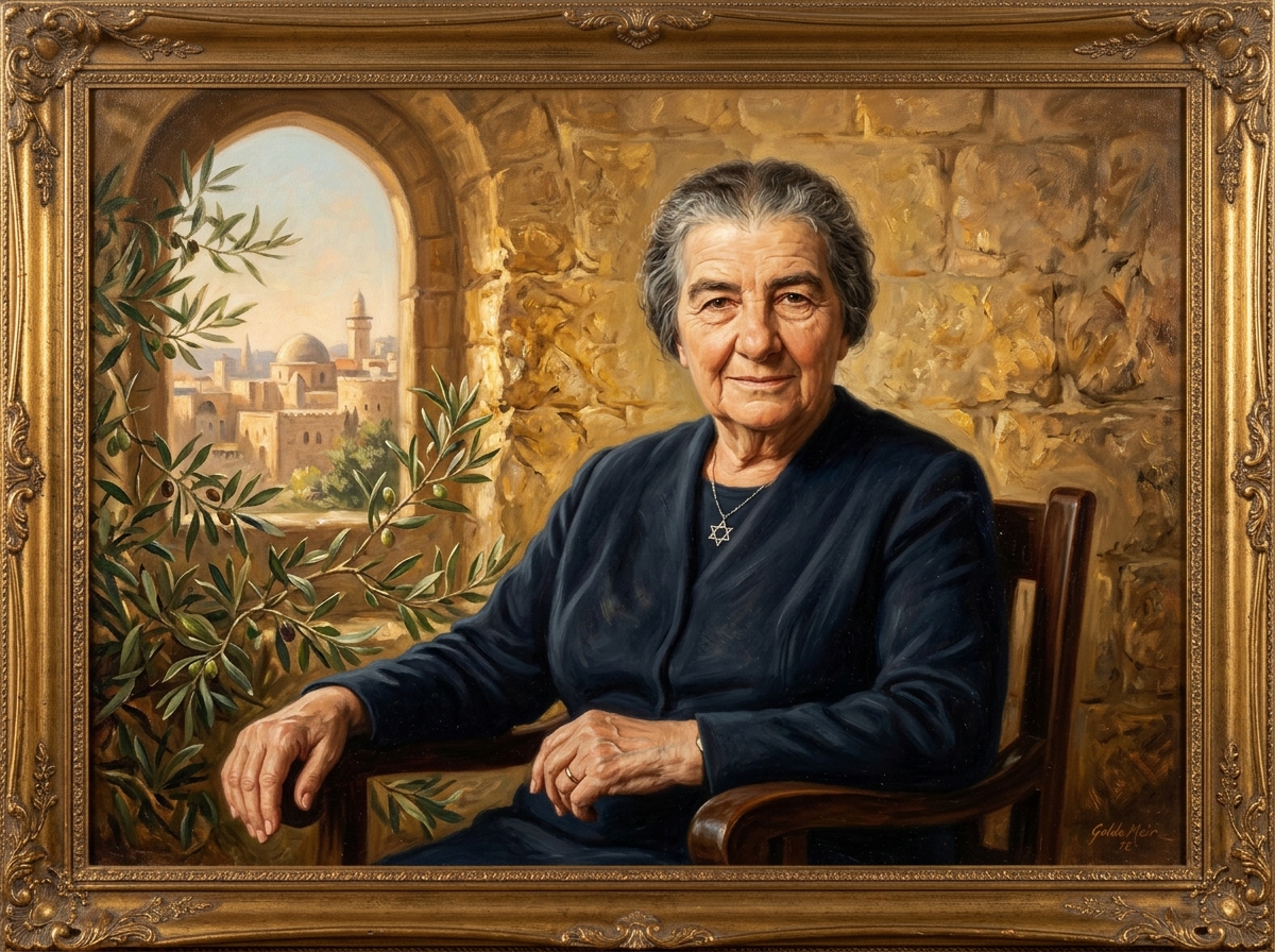 Retrato a óleo de Golda Meir com pedras de Jerusalém e oliveira