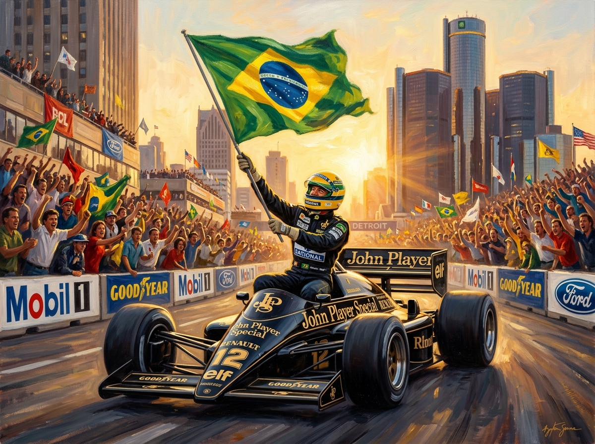 Pintura de Ayrton Senna comemorando a vitória em Detroit 1986 empunhando a bandeira do Brasil