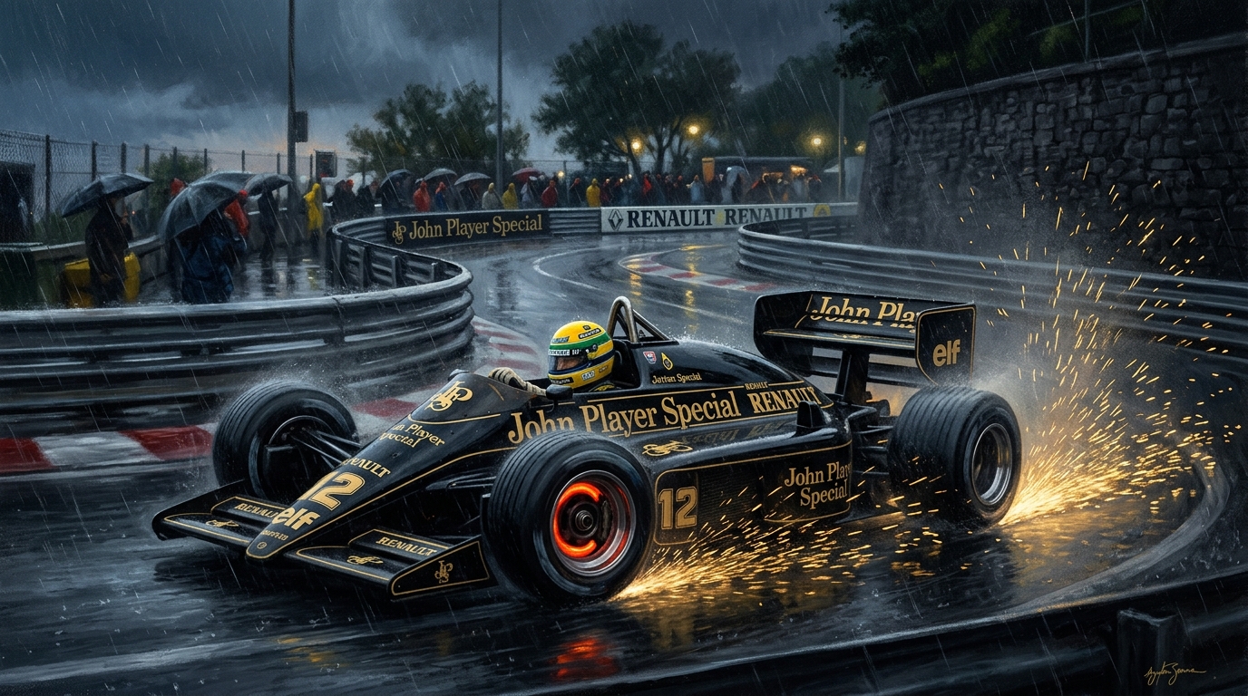 Pintura: Ayrton Senna na Lotus 98T na chuva com faíscas e freios incandescentes
